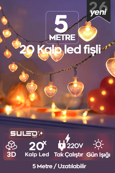 SULED 5 Metre Kalpli Led Işık 20 Kalp Dekoratif Süsleme Ledi 220V Fişli Gün I...