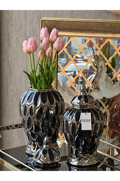 YASAR CONCEPT Umbra Ceramic Cube Vase Set with Lid 32 cm and 38 cm