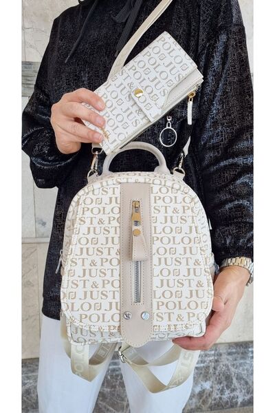 Just Polo JP Women's Cream Monogram Printed Backpack, Shoulder Bag and Wallet...