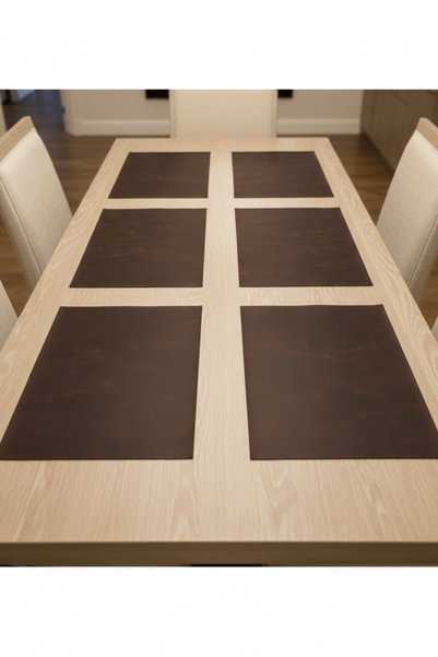 RAVZADERİ 6-Person 12-Piece Rectangular Brown Leather American Service Supla Placemats