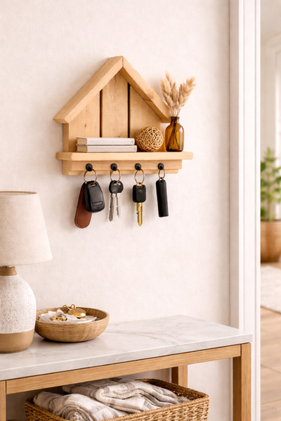 Holly Touch Doğal Masif Ahşap Anahtar Askılığı –Duvar Rafı-Ev Modeli Dekarasy...