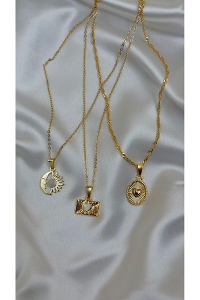 Eylülün Takısı Kadın Gold Renk 3’lü Kalpli Kolye