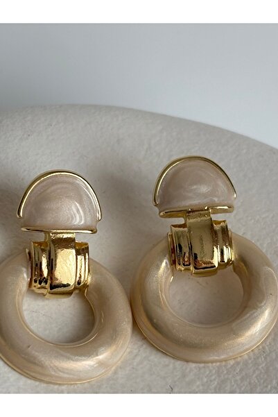 BHR AKSESUAR Gold Cream Enamel Dangle Earrings (3.5 cm)