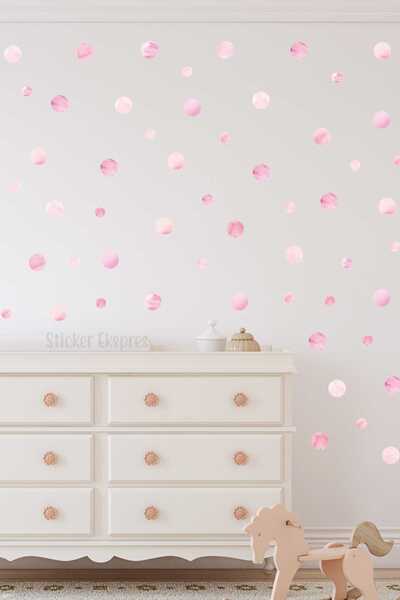 Sticker Ekspres 5 Ve 3 Cm Pembe Suluboya Puantiye Çocuk Odası Duvar Sticker Seti