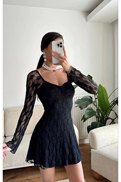 Foola Moda Romantik Dantel Detaylı Kahve Mini Elbise