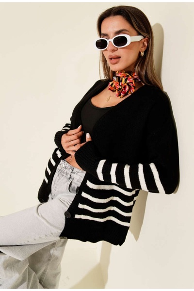 EAS GİYİM Striped Oversized Pocket Buttoned Cardigan