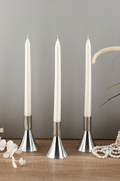 TR Turan Collection PURE 3'lü Şamdan Seti Küçük Gümüş Renk Dekoratif Metal Mu...