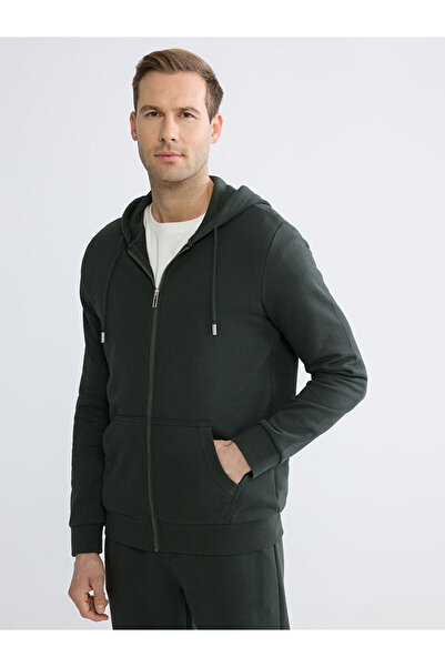LC Waikiki Green Standard Fit Hooded Men's Zippered Sweatshirt