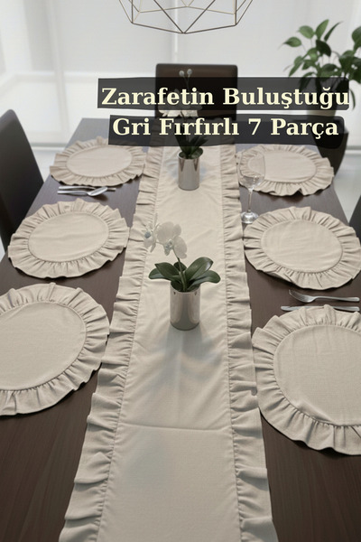 KAMİZ Fırfırlı Gri Runner & 6'lı Fıfırlı Supla Seti - 7 Parça Çeyiz Seti