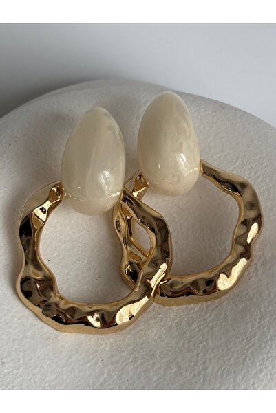 BHR AKSESUAR Gold Cream Earrings (5.8 cm)