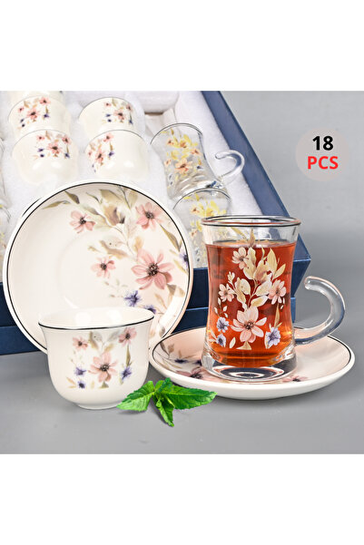 Generic Luxury 18-piece glass and ceramic tea set (6 teacups, 6 cups, 6 sauce...