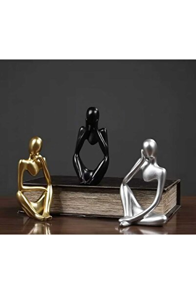 rakaymu 3'lü Düşünen Adam Heykeli Seti - Modern Dekoratif Gold Gümüş Siyah Bi...