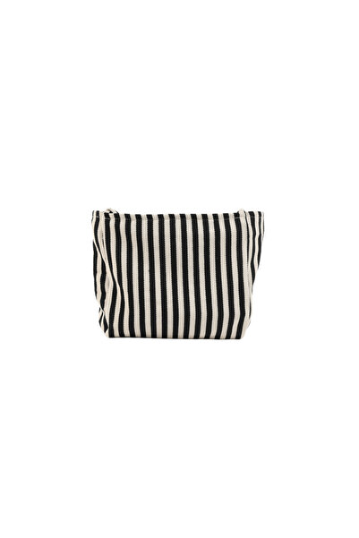 Midi Women's Shoulder Bag with Striped Design in Black and Cream