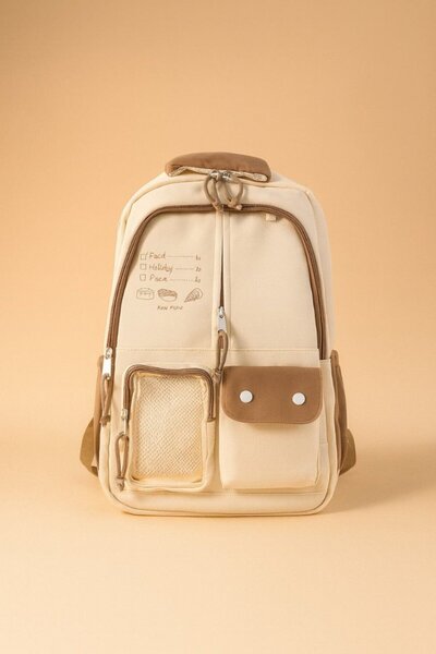 Midi Beige Multi-Pocket Backpack for Kids