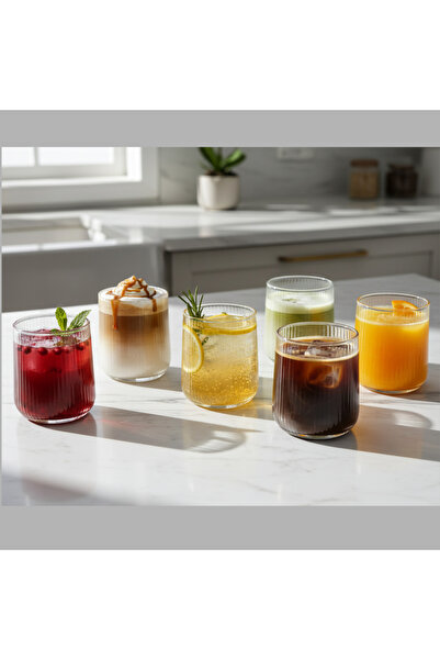 Kristella 6'lı Lüks Dikey Çizgili Borosilikat Cam Meşrubat Ve Latte Bardak Se...