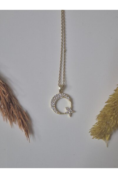 alias takı Women's Moon and Star Figured Zircon Stone Necklace - Stylish Desi...