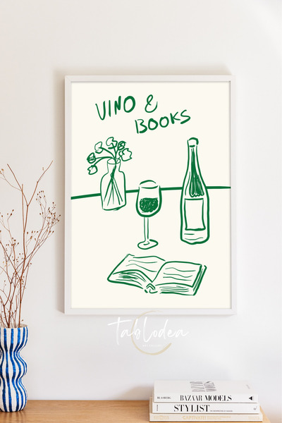 tablodea Poster înrămat cu model de vin și cărți pentru decorarea bucătăriei,...