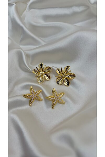 Eylülün Takısı Women's Gold Color Set of 2 Flower and Starfish Earrings