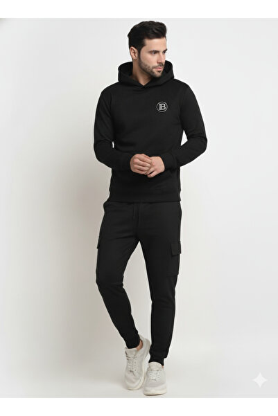STITCH by MH Men’s Stealth Black Cargo Tracksuit – Embroidered "B" Logo Hoodi...