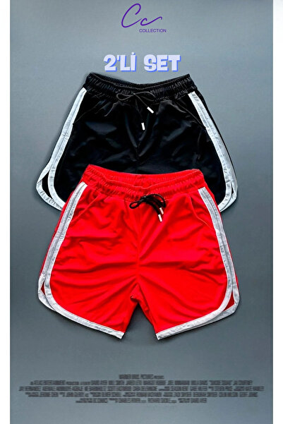 cc collection Siyah-Kırmızı File Basketbol Antreman Sporcu Şortu Çizgi Detayl...