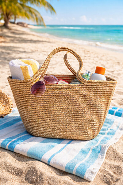 Öz-Tex Home Straw Beach Bag, Straw Short Handle, Jute Bag, Women's Bag, Handb...