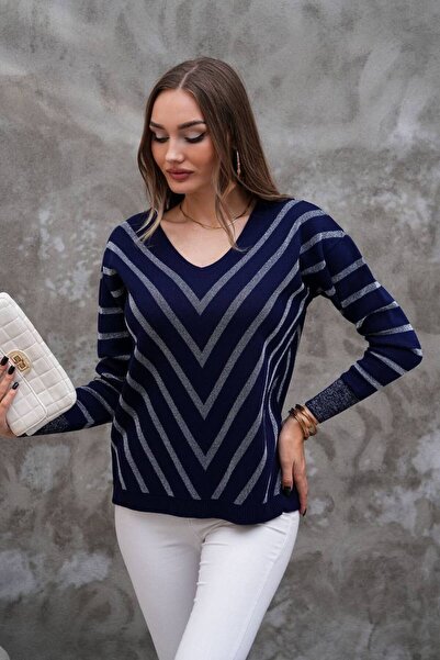 D LAVELLA Women's Stripe Glitter Detailed Sweater