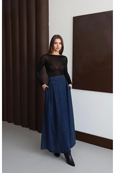 RUVA BUTİK YÜKSEK BEL PİLE DETAYLI DENİM KOT ETEK