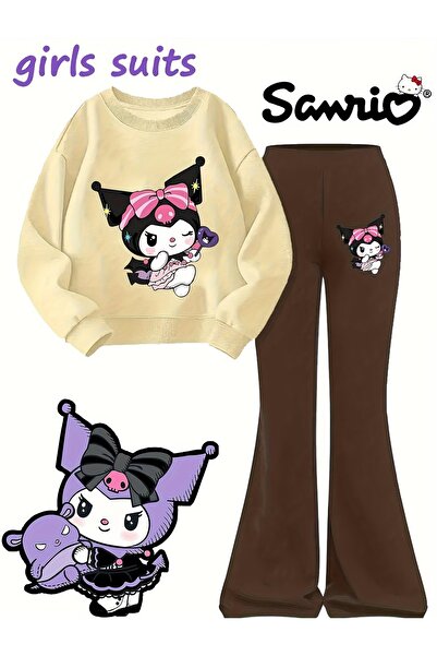 buendiakids Kız Çocuk Bej-Kahverengi Kuromi Baskılı Bisiklet Yaka İspanyol Pa...