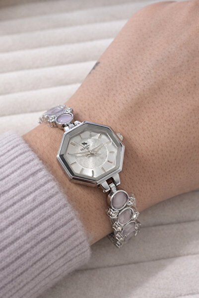 QUARTZ Gümüş Renk Sekizgen Kasa Kadın Kol Saati | Taş Detaylı