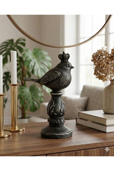 Dekoromi Dekoratif Taçlı Kuş Biblo (18x10cm) Ev Masa Raf Ünite Dresuar Üzeri ...