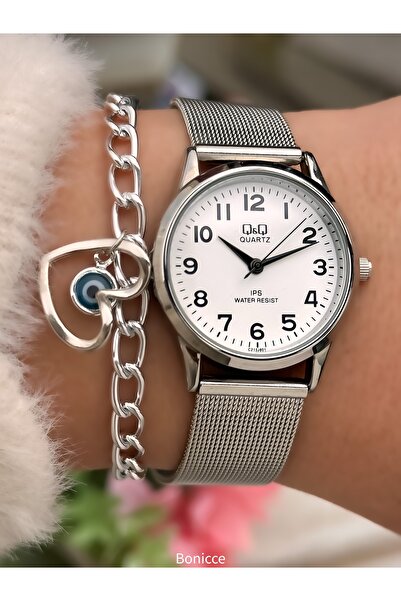 Q&Q Stylish Gift Women's Watch-White Mini Dial, Silver Color Steel Band, Brac...
