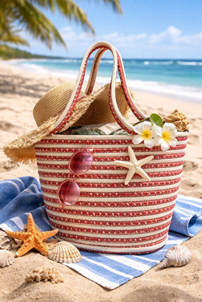 Öz-Tex Home Straw Beach Bag, Straw Short Handle, Jute Bag, Women's Bag, Handb...