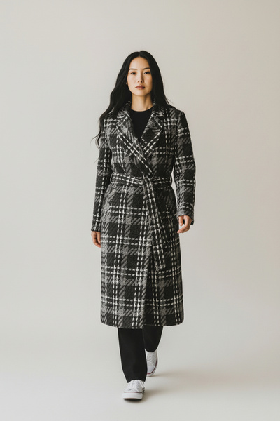 EQ MODA Kadın Kareli Kruvaze Kaban