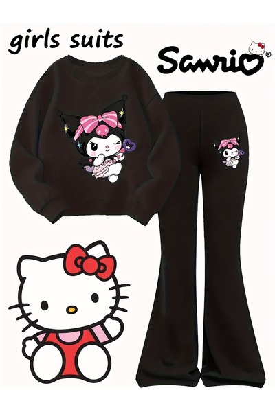 buendiakids Kız Çocuk Kuromi Baskılı Bisiklet Yaka İspanyol Paça Pantolon Takım