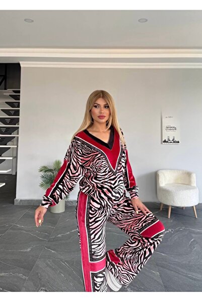 RED WOMAN FASHİON Zebra Patterned V-Neck Velvet Suit