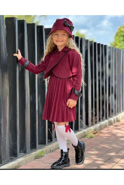KOKOŞ BEBEK Burgundy Girls' Short Pleated Dress Bolero Jacket 31602