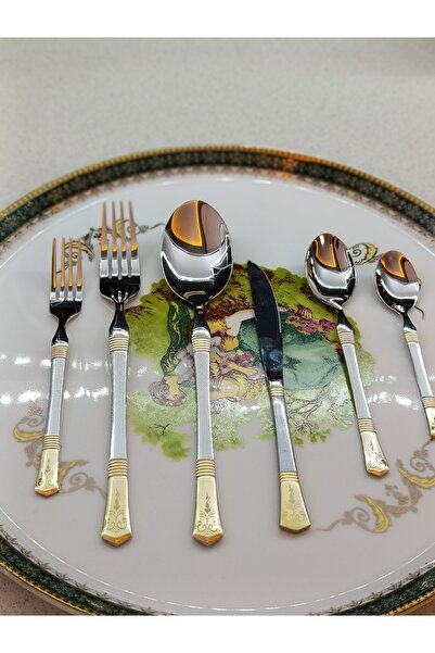 AYD 36 Parça Lüks Altın Detaylı Çatal Kaşık Bıçak Seti | 6 Kişilik Paslanmaz ...