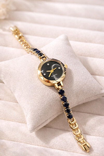 QUARTZ Gold Renk Kadın Kol Saati | Siyah Kadran Taş Detaylı