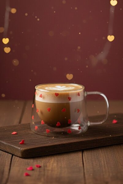 Caga Home Sevgililer Günü Hediyesi 2 ADET Kalpli Çift Cidarlı Cam Fincan - 20...