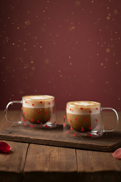 Caga Home Sevgililer Günü Hediyesi 2 ADET Kalpli Çift Cidarlı Cam Fincan - 20...