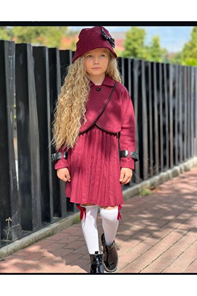 KOKOŞ BEBEK Burgundy Girl's Short Pleated Dress Bolero Jacket and Hat Set –3/...