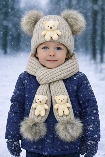 ues Beige Tricot Scarf with Bear and Pompon Detail