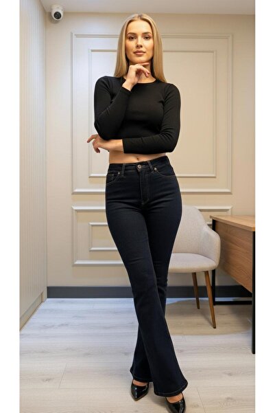 geenz manifacture Σκούρο μπλε ελαστικό ύφασμα καμπάνα Παντελόνι ψηλόμεσο