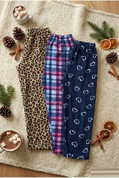 Pi Giyim Women's winter fleece pajama bottoms - leopard, pink plaid, navy hea...