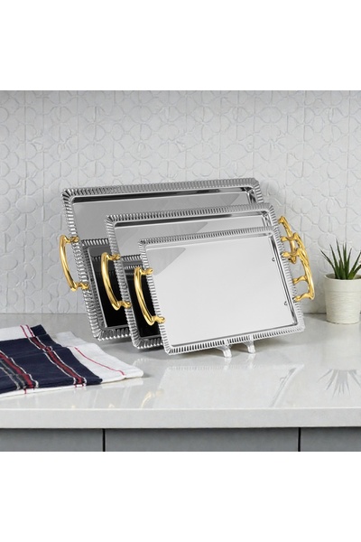 AR HOME 3 PCS STEEL TRAY SET-RECTANGULAR-SILVER GOLD