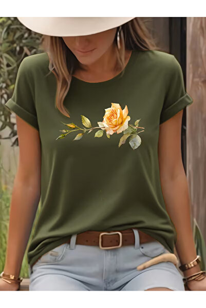 l'eivor Single Rose Thorny Branch Design Printed Women's Cotton T-Shirt