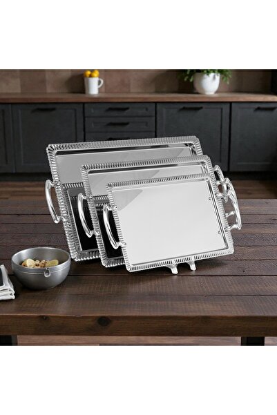 AR HOME 3 PCS STEEL TRAY SET-RECTANGULAR-SILVER