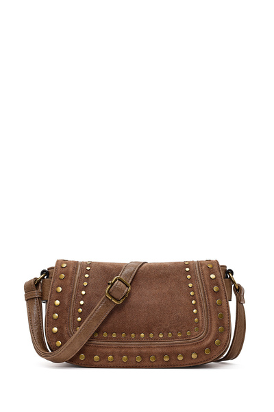 Derimod Women's Tan Long Strap Studded Suede Crossbody Bag 25Wbd252310