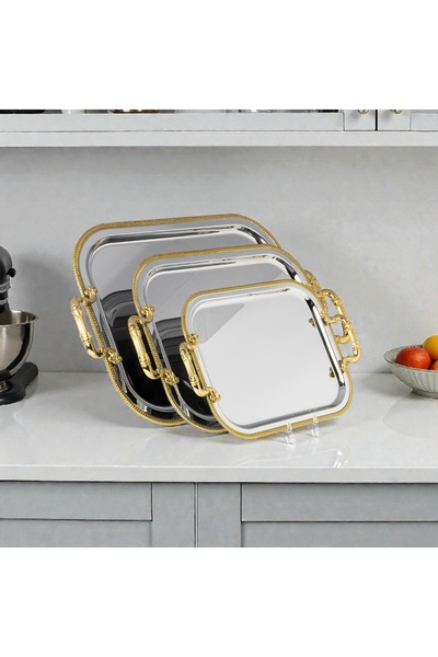 AR HOME 3 PCS STEEL TRAY SET-RECTANGULAR-GOLD-SILVER