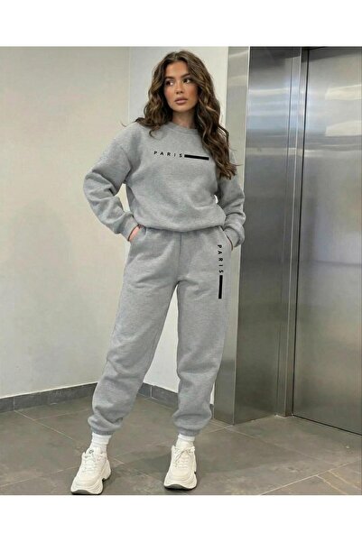 LELVANİ Printed with the Text'Paris' - Circular Neck Sweatshirt Tracksuit Set